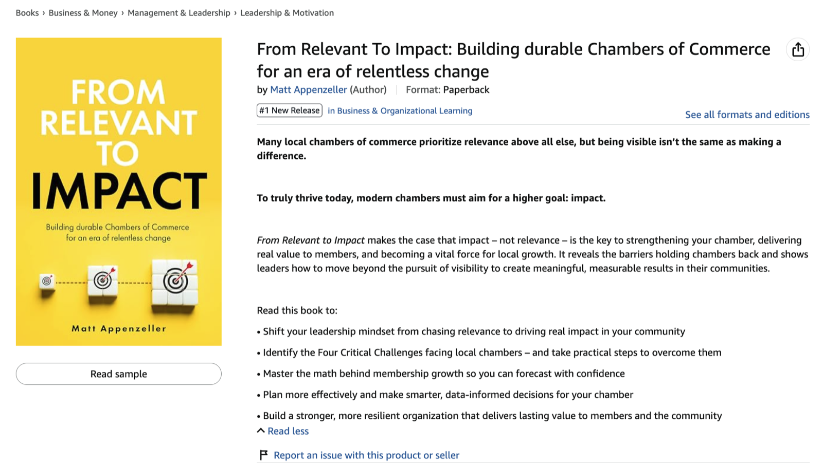Amazon product page showing From Relevant to Impact as a number one new release